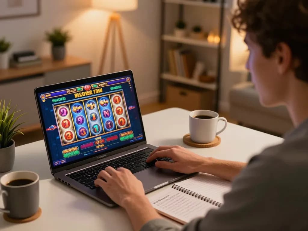 Engaging in thrilling online slot gaming with link qqslot hari ini on the laptop in a stylish home office.