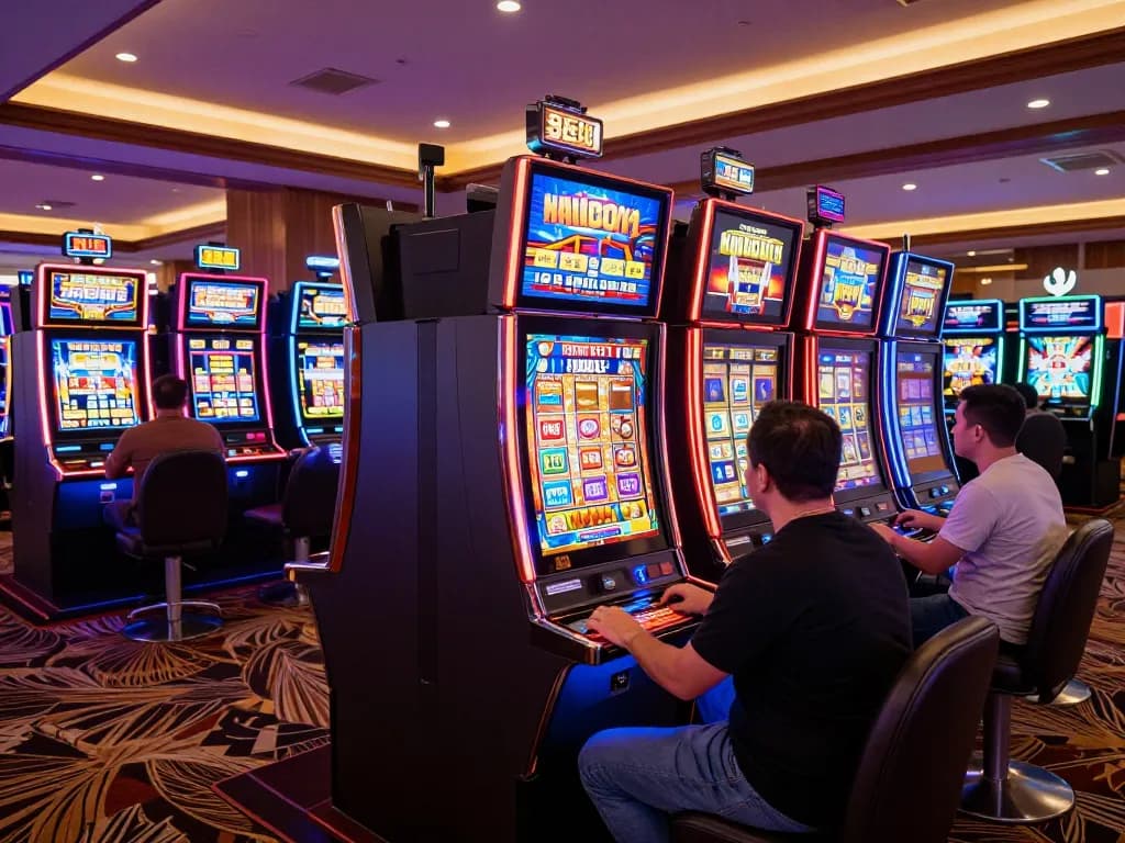 Players celebrating big wins on slot machines in a lively casino setting.