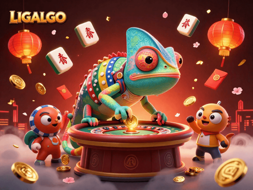 LIGALGO showcases a vibrant 3D casino scene featuring a chameleon owner amid colorful gaming elements.