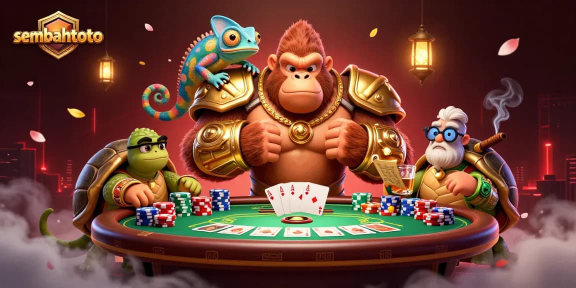 Engage with sembahtoto in a dynamic scene featuring a gorilla king, chameleon spy, and tortoise elder around a vibrant poker setup.