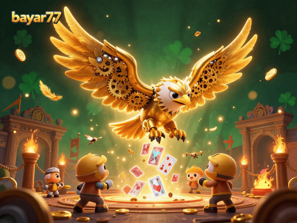 bayar77 menang dalam permainan dengan ilustrasi burung elang cybernetik dan kartu bermain