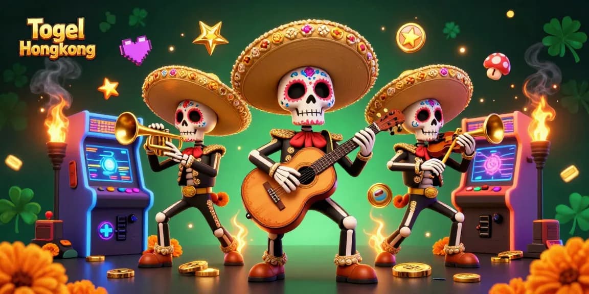 Engage in Togel Hongkong excitement with a vibrant mariachi band amidst arcade games.