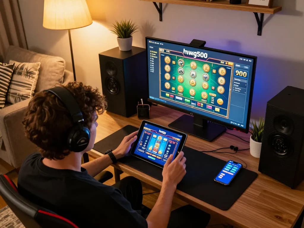 Pemain berinteraksi dengan permainan slot hwg500 di tablet di lingkungan permainan rumah yang nyaman.