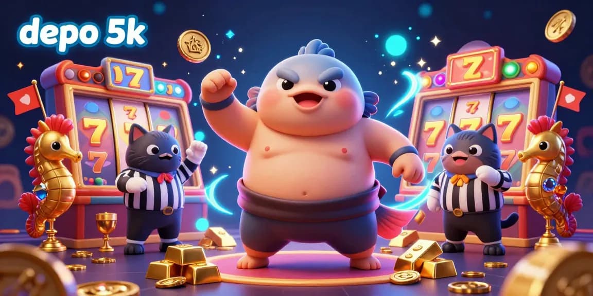 Engage with depo 5k through an exciting casino scene featuring animated slot reels and gold treasures.