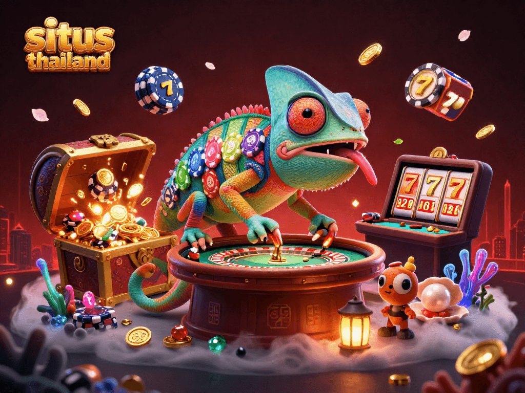 Situs thailand showcases a vibrant 3D chameleon casino owner vigilant over a dynamic gaming scene filled with treasures.