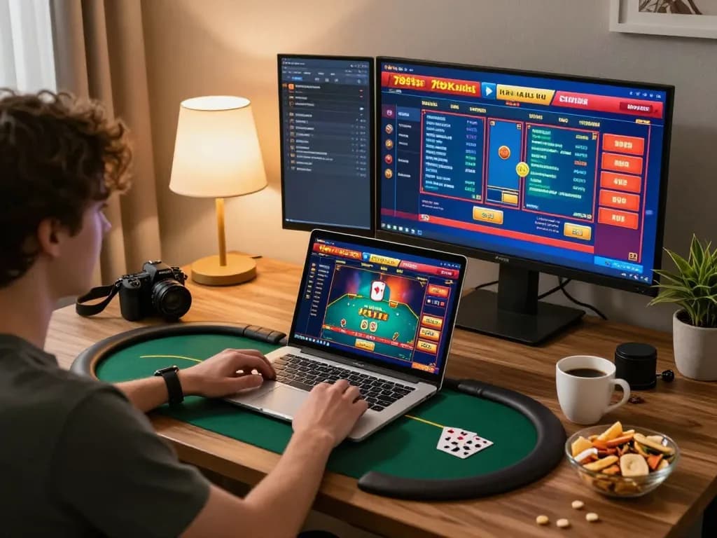 Player engaged in a thrilling poker game on 789bet's online casino platform from a cozy home setup, showcasing responsible gaming.