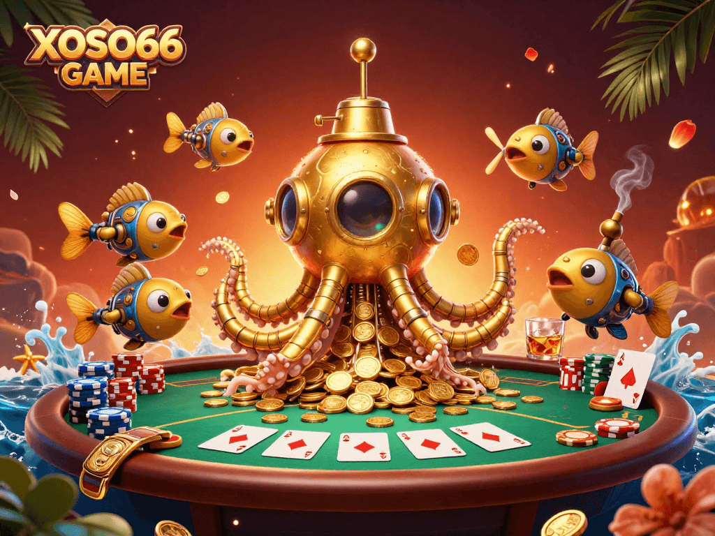 Experience XOSO66 GAME with a dynamic 3D submarine and poker gaming elements in a golden underwater scene.