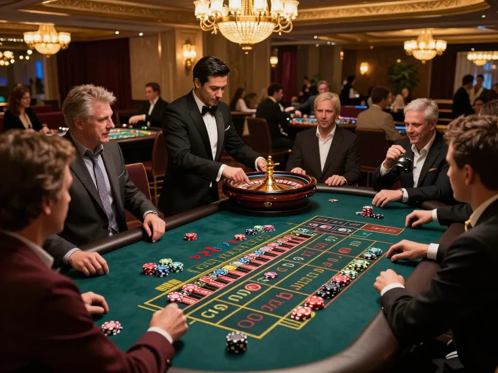 Players at fly88 excitedly placing bets at a roulette table in a luxurious casino environment.