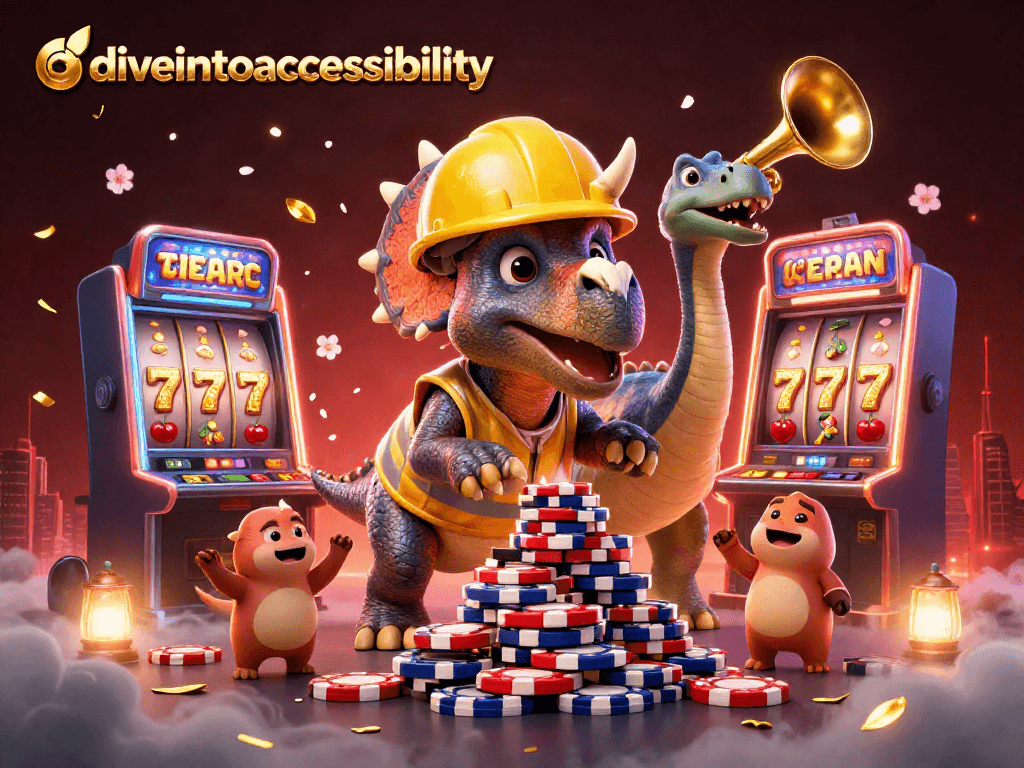 Diveintoaccessibility showcases a lively casino scene with cartoon dinosaurs celebrating poker chip achievements.