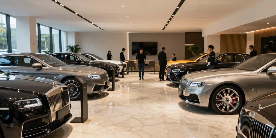 Mobil mewah LUXURY 777 tampil di showroom yang elegan dengan pembeli yang tertarik.