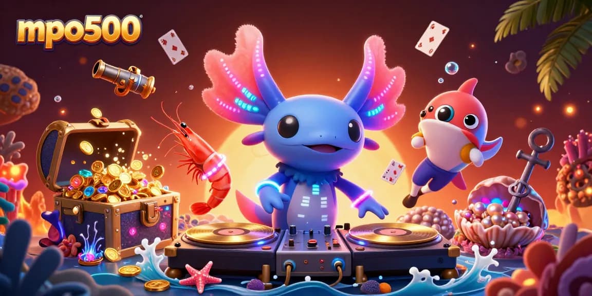 Geng shrimp menari di sekitar DJ axolotl neon mpo500 yang memicu keseruan dengan permainan bawah laut.