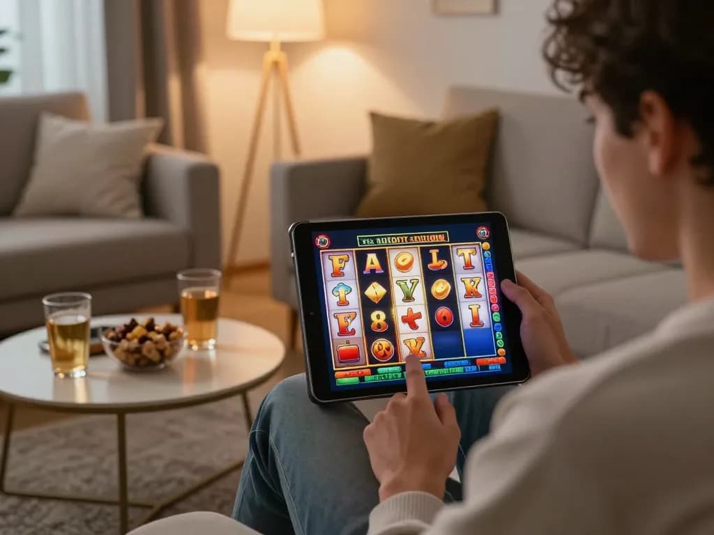 Player enjoying the excitement of winning on IDCASH88 slot game in modern living room.