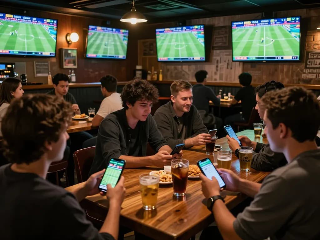 Engaging sports betting moment at a bar with patrons using the vuasanco app for betting updates