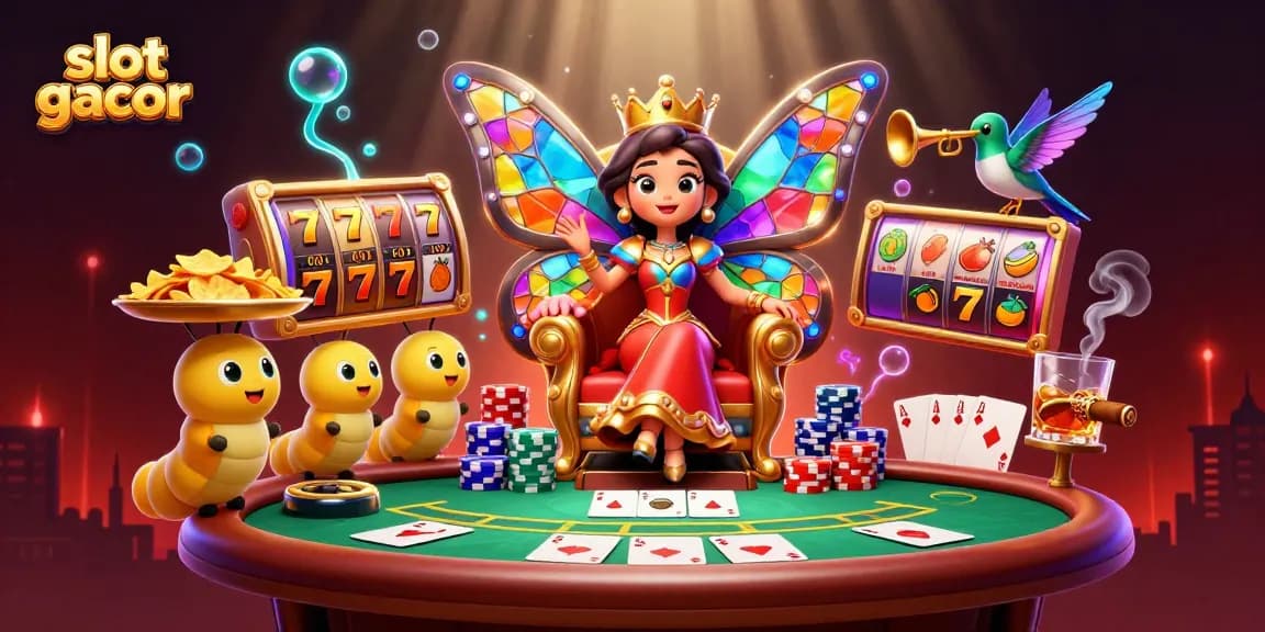 Ilustrasi slot gacor dengan ratu kupu-kupu dan elemen kasino memberikan pengalaman bermain yang menarik