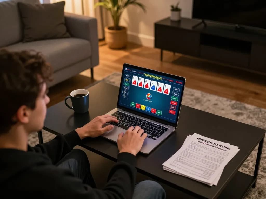 Person enjoying online gaming at home with lc88 poker interface, cozy atmosphere and engaging setup
