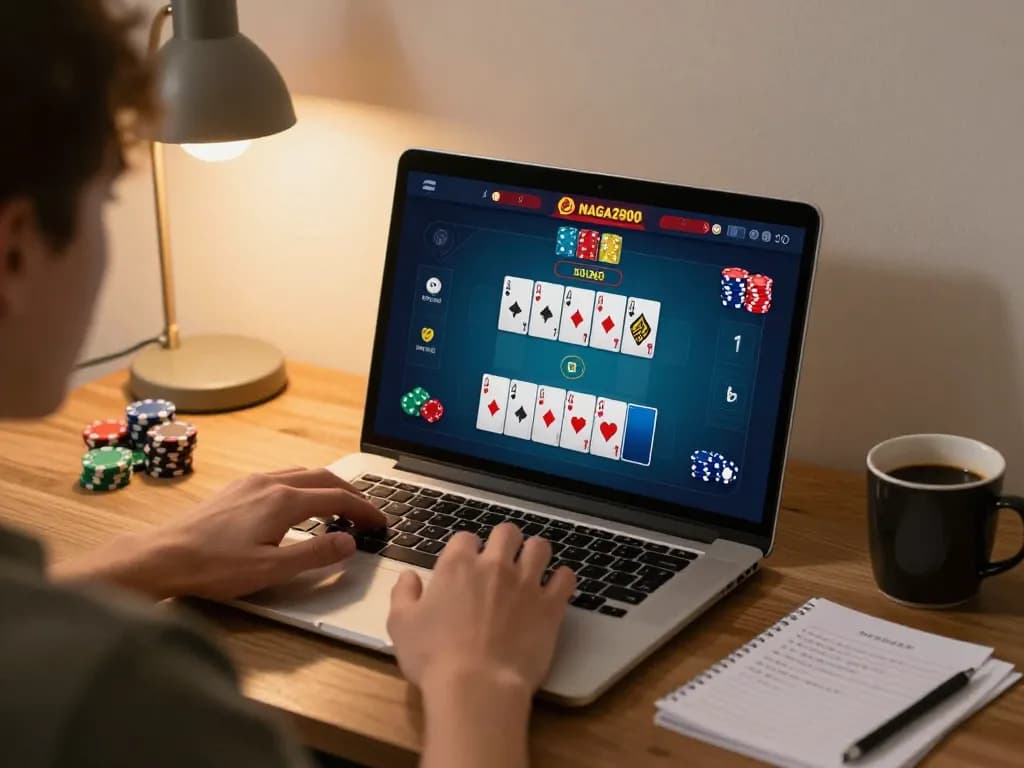 NAGA2000 online player engaging in an exciting poker game at home, laptop showing gameplay and betting.