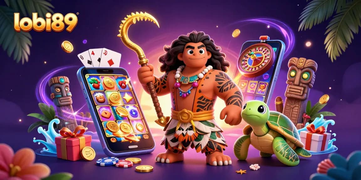 Lobi89 menampilkan permainan slot dengan simbol berkilau dan karakter 3D yang dinamis.