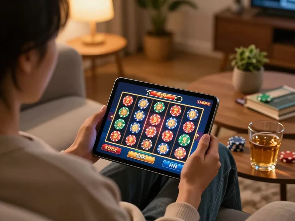 Engaging in a slot toto game on a tablet in a cozy home setting with warm lighting.