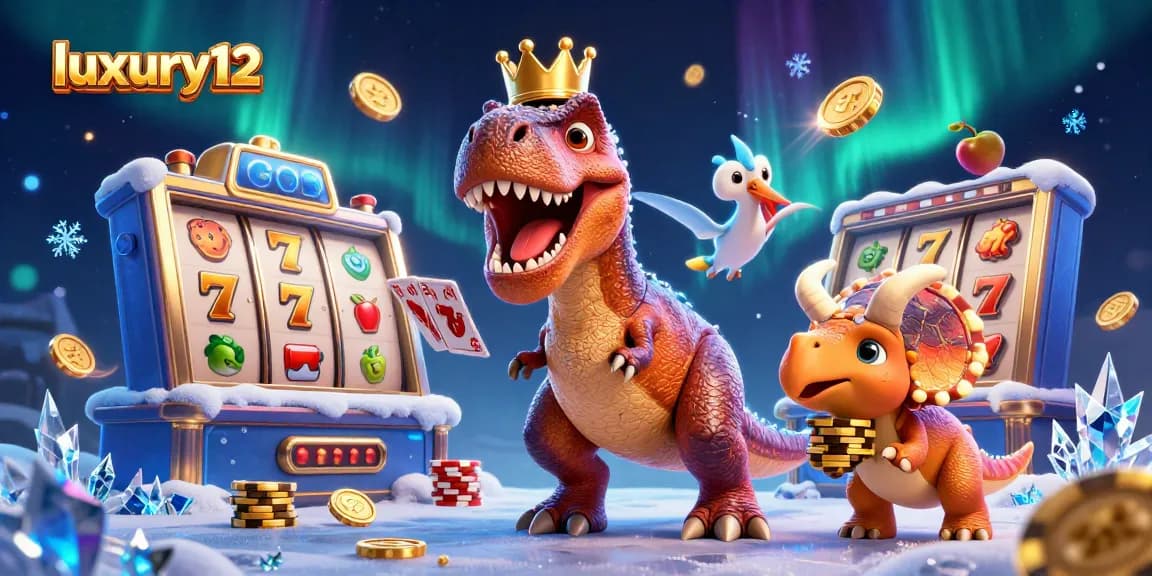 luxury12 slots success featuring a T-Rex shuffling cards and a triceratops stacking chips