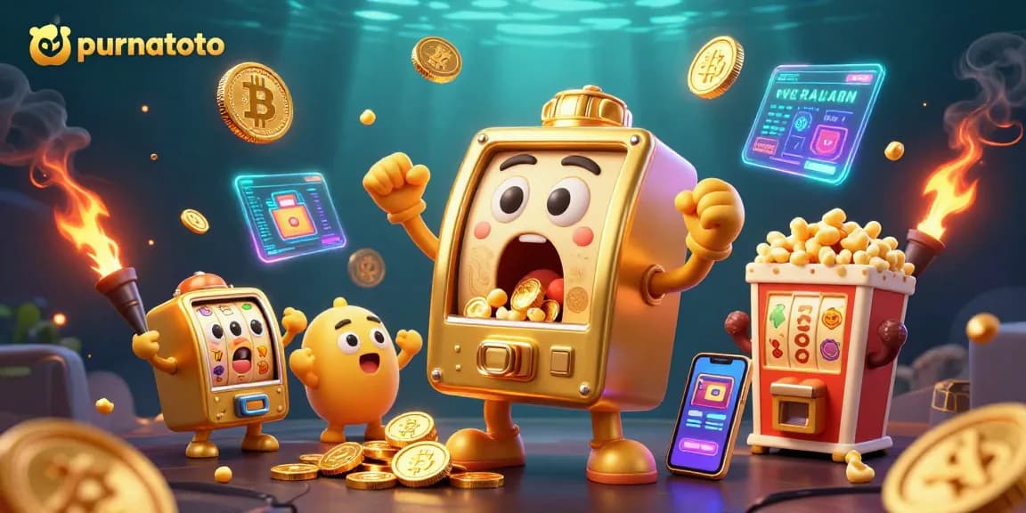 Purnatoto menghadirkan mesin slot emas ceria yang menang jackpot dengan koin berkilau, menampilkan suasana permainan yang menggembirakan.