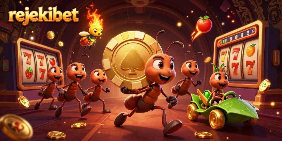 Experience thrilling wins with rejekibet as ants carry a golden chip in this vibrant casino heist scene.