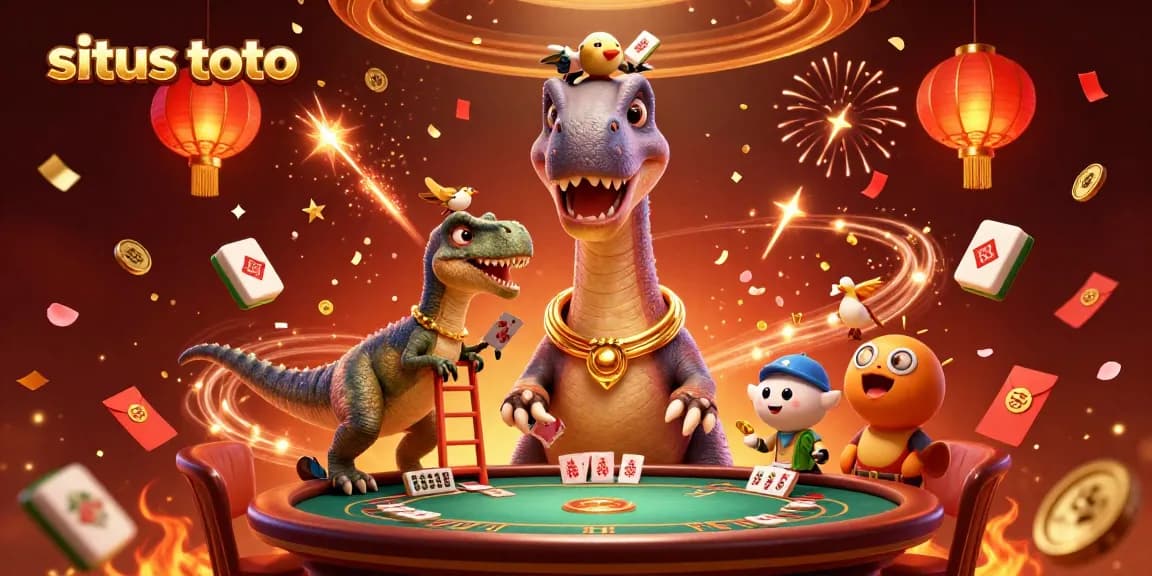 Mainkan situs toto dengan brontosaurus 3D dan raptor di kasino, detail menarik dan penuh warna.