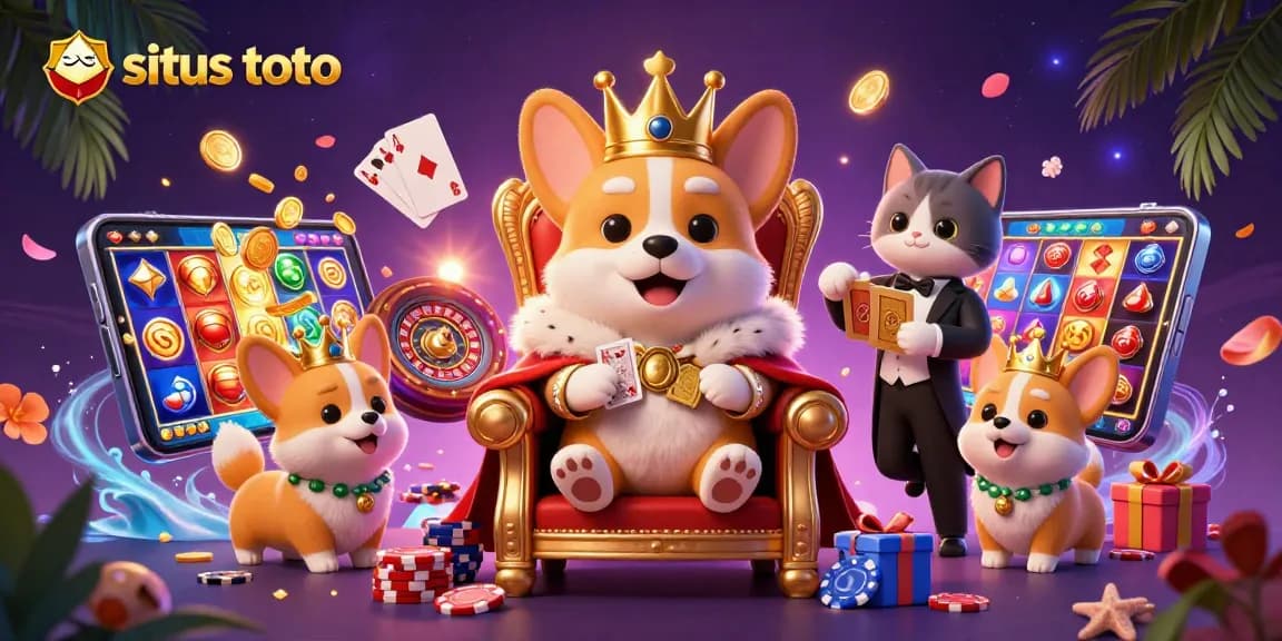 Desain karakter corgi kerajaan dan pelayan kucing untuk situs toto menjamin kesenangan perjudian.