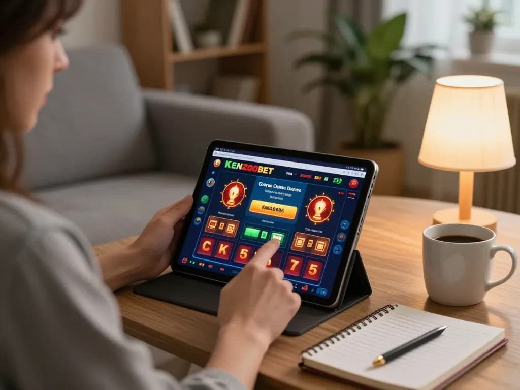Kenzobet online gaming interface on a tablet in a cozy home setting, showcasing a player engaged in responsible gambling.