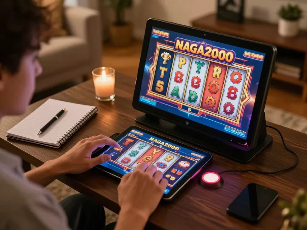NAGA2000 player ready to spin on a vibrant online slot game in a cozy home environment.