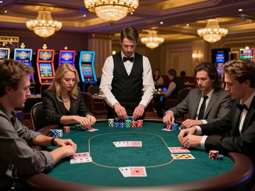 Sis4d players strategizing in an intense poker game at a luxurious casino.