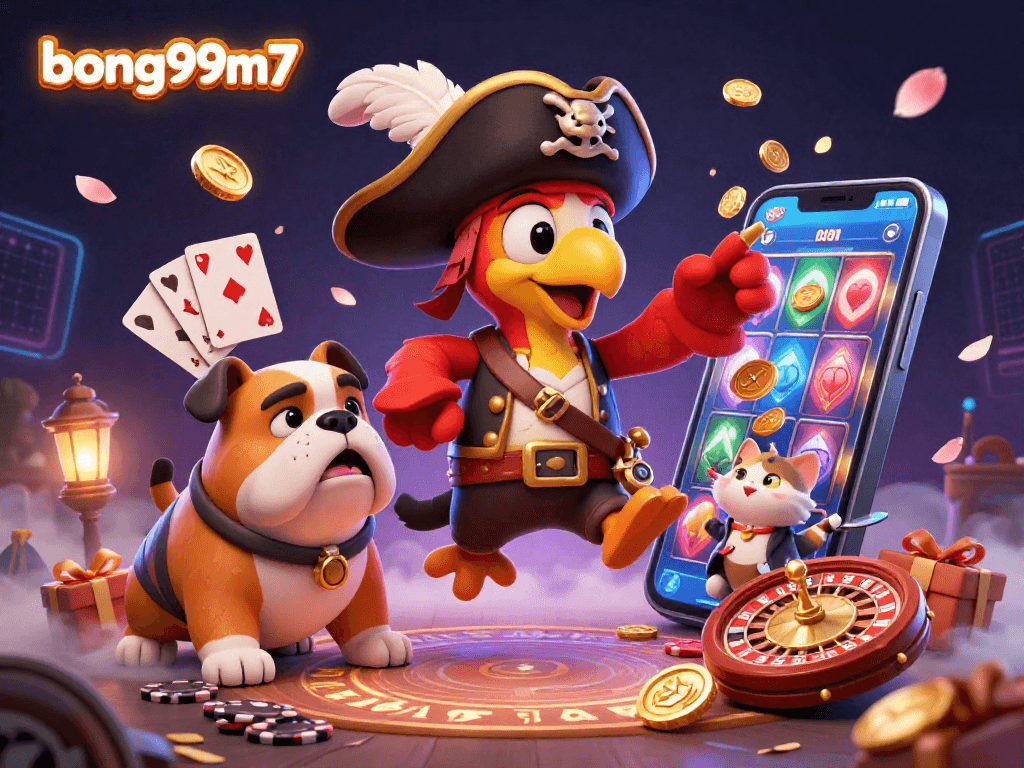 bong99m7 slots scene featuring a pirate crew, smartphone games, and golden coins in dynamic action