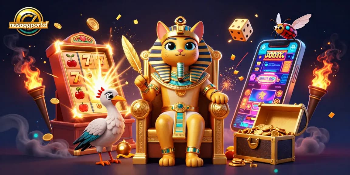 Spinning the reels at nusaggportal with an Egyptian pharaoh cat amidst explosive jackpot excitement.