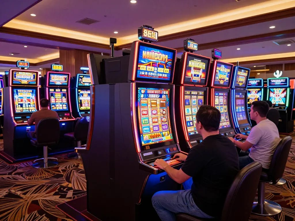 Players celebrating big wins on slot machines in a lively casino setting.
