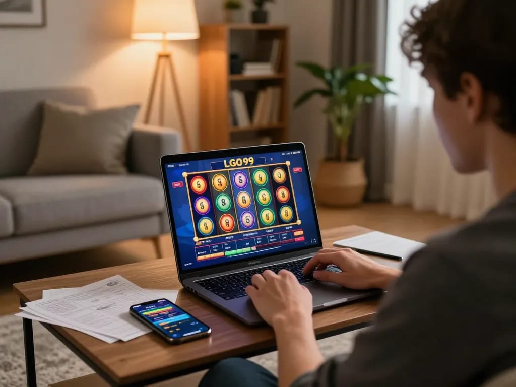 Pemain LGO99 yang terlibat dengan permainan slot online di laptop di setting rumah yang nyaman