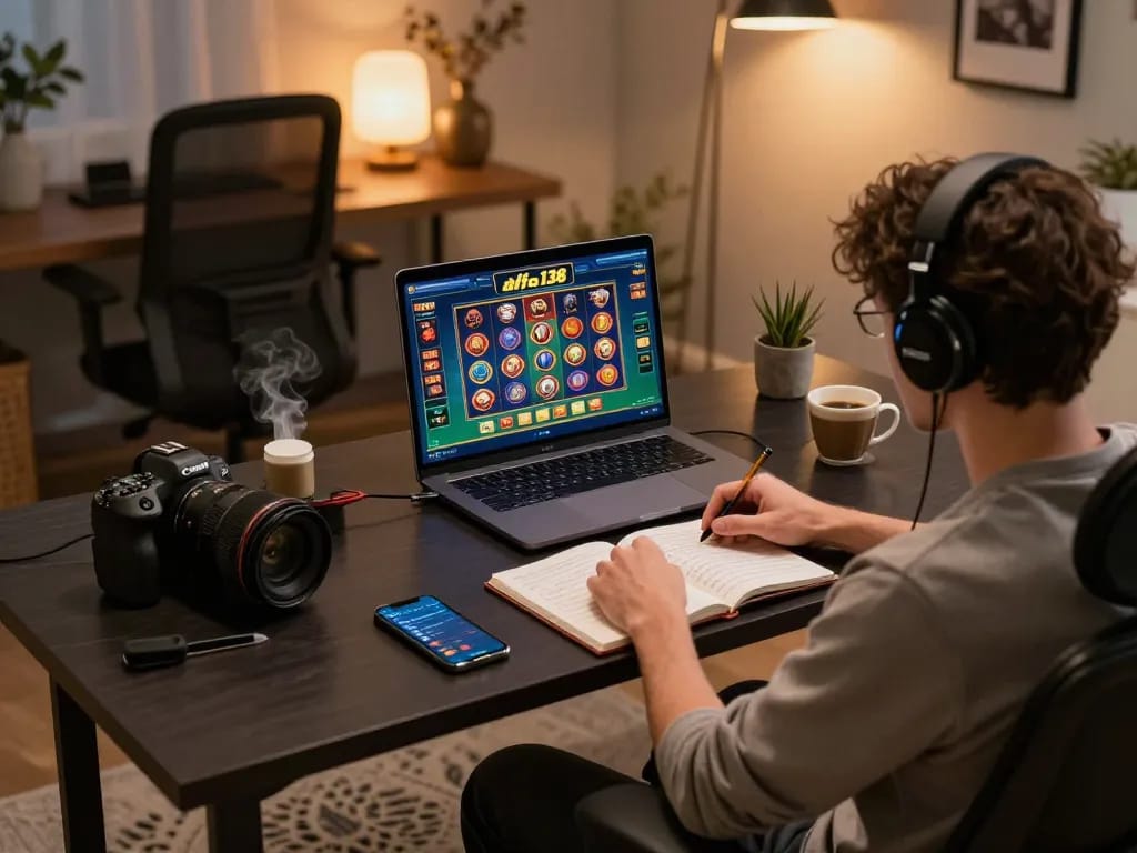 Engaged player enjoying alfa138 slot on a laptop in a stylish home office, showcasing responsible gaming.