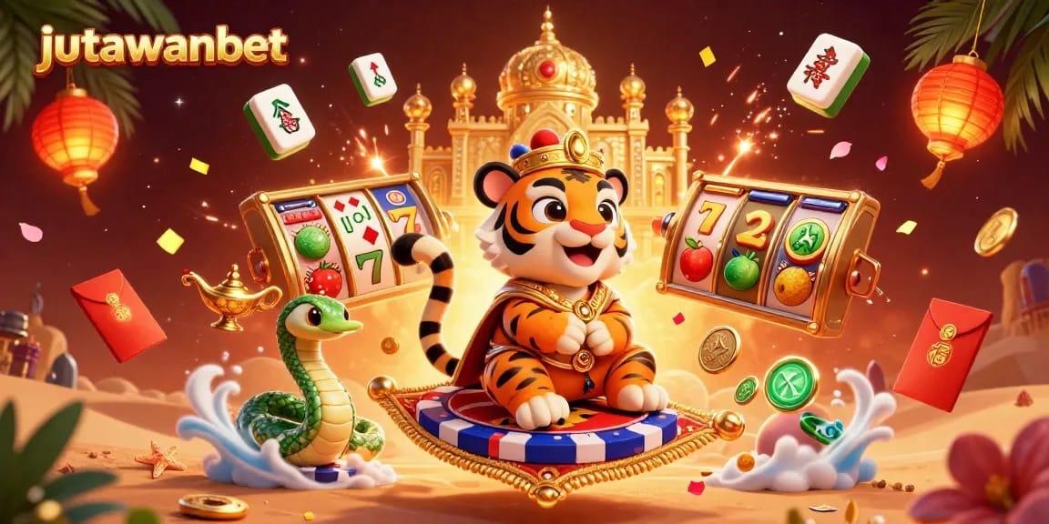 Experience the excitement of jutawanbet with an animated scene of slot games and exotic characters.