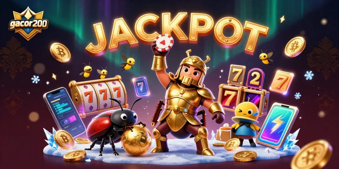 Gacor200 menghadirkan ilustrasi menarik dengan jackpot slot, bug pahlawan, dan efek cahaya cerah.
