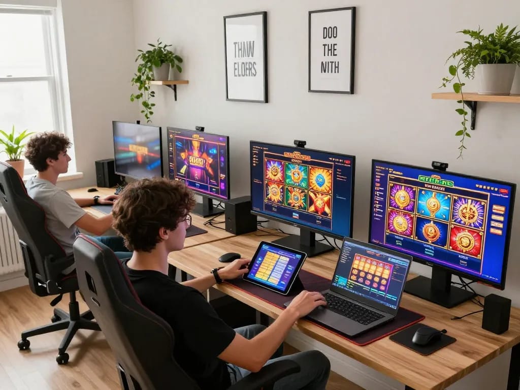 Player engaging with slot thailand games on tablet, showcasing vibrant online gaming setup.