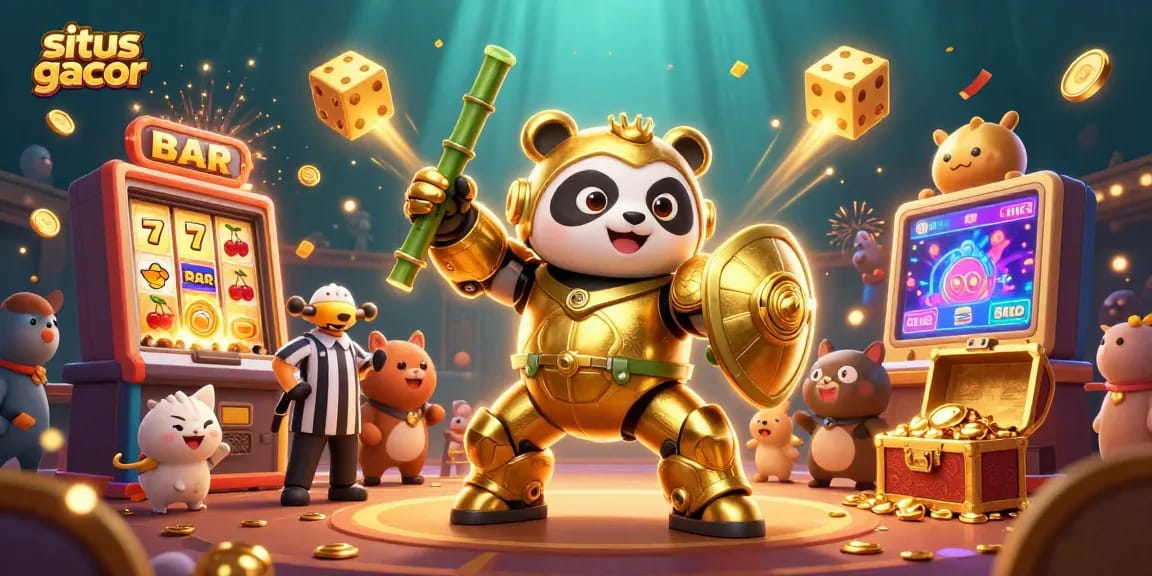 Engage with situs gacor as golden panda pilots a thrilling robot while jackpot symbols burst around