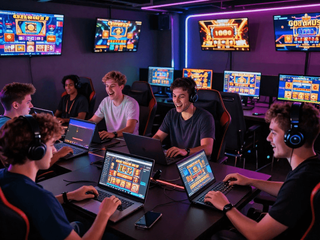 Enthusiastic players enjoying their favorite situs slot games in a vibrant online gaming lounge.