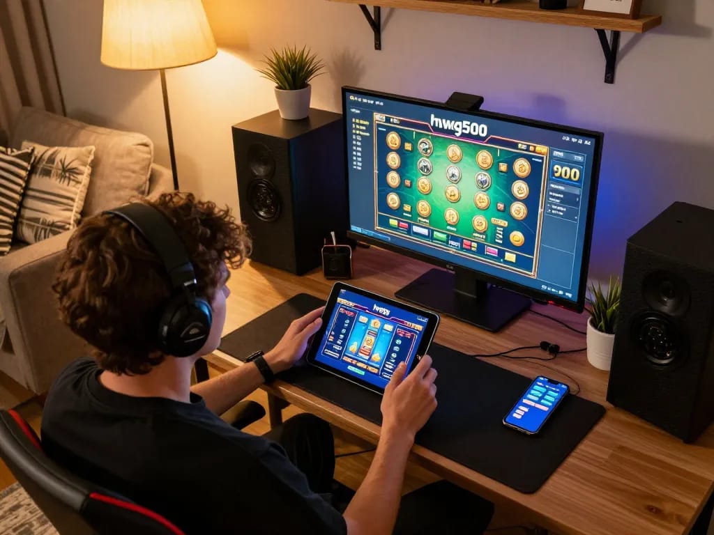 Pemain berinteraksi dengan permainan slot hwg500 di tablet di lingkungan permainan rumah yang nyaman.
