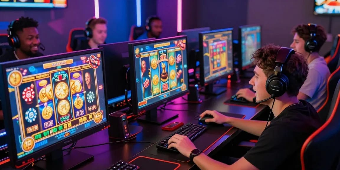 Pengalaman bermain Login BOS88 dengan gamer menikmati permainan slot online dan suasana meriah di ruang gaming.
