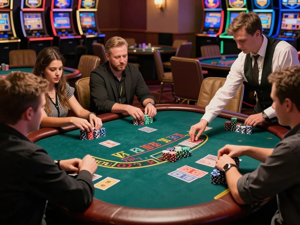 Pemain yang terlibat dalam permainan blackjack dengan taruhan tinggi di meja kasino, menunjukkan kegembiraan dan strategi paris888.