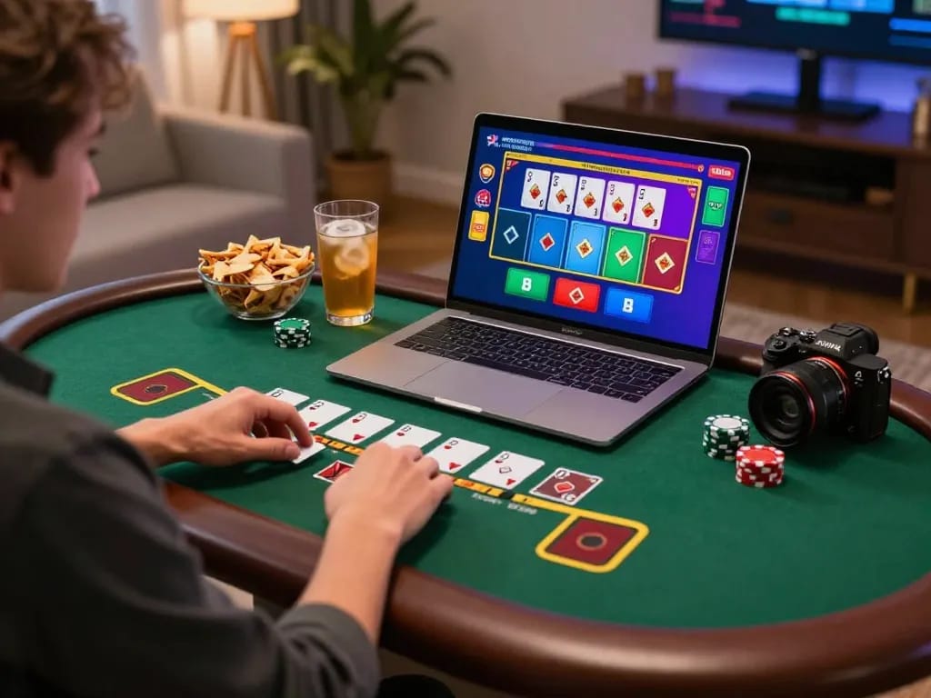 IWIN online casino gaming experience with live dealer blackjack on a cozy setup