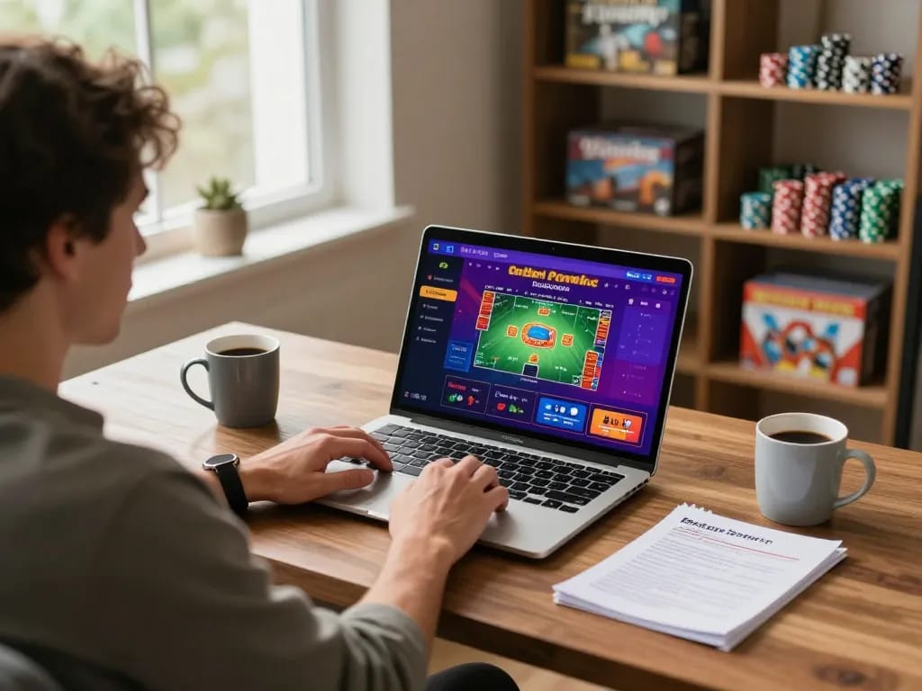 Engaging online poker gameplay with samsonbet86 platform viewed on laptop, player focused on screen in cozy gaming setup.
