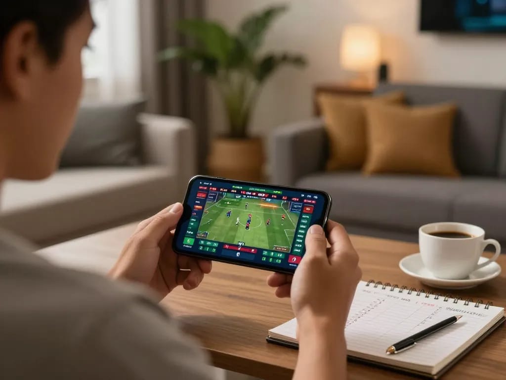 Người đặt cược trên ứng dụng 12bet trên điện thoại thông minh, hiển thị tỷ lệ cược trực tiếp và chi tiết trận đấu.