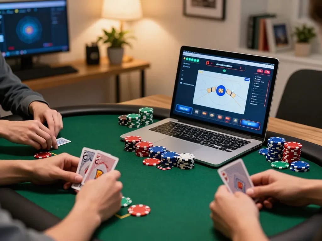 BAYITOTO login interface displayed on a laptop with poker chips for strategic online gaming.