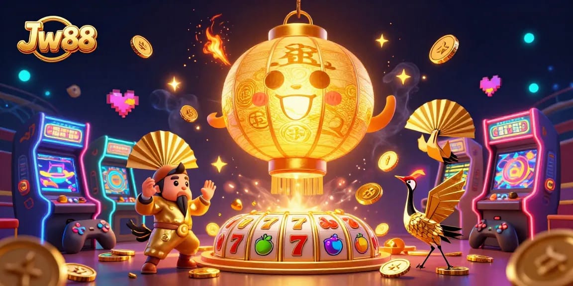 Experience thrilling gameplay at Jw 88 casino with a vibrant scene of slot reels and lucky symbols.
