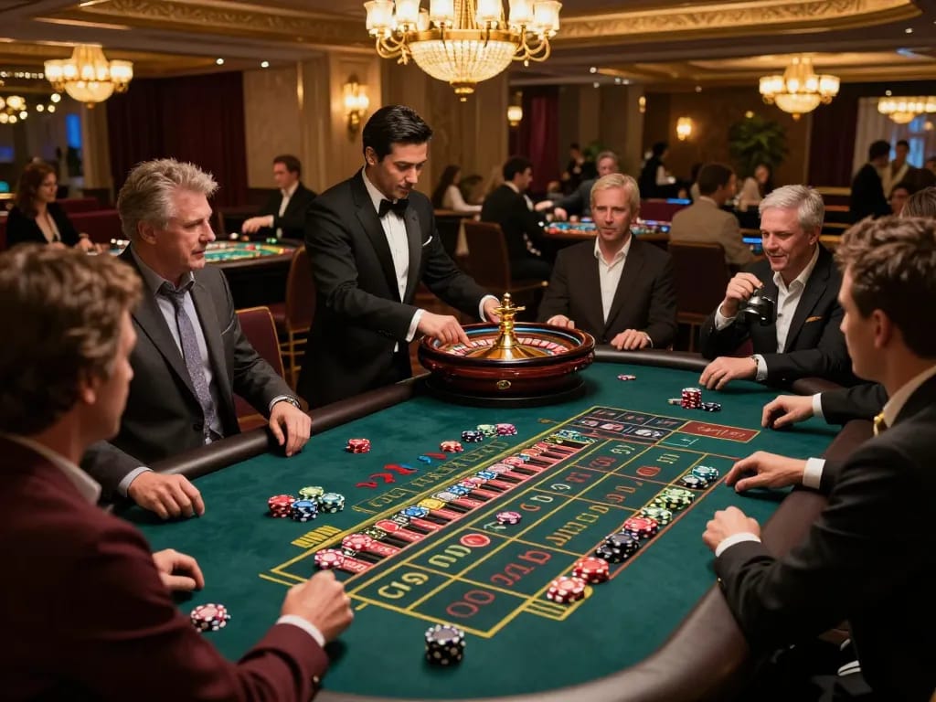 Players at fly88 excitedly placing bets at a roulette table in a luxurious casino environment.