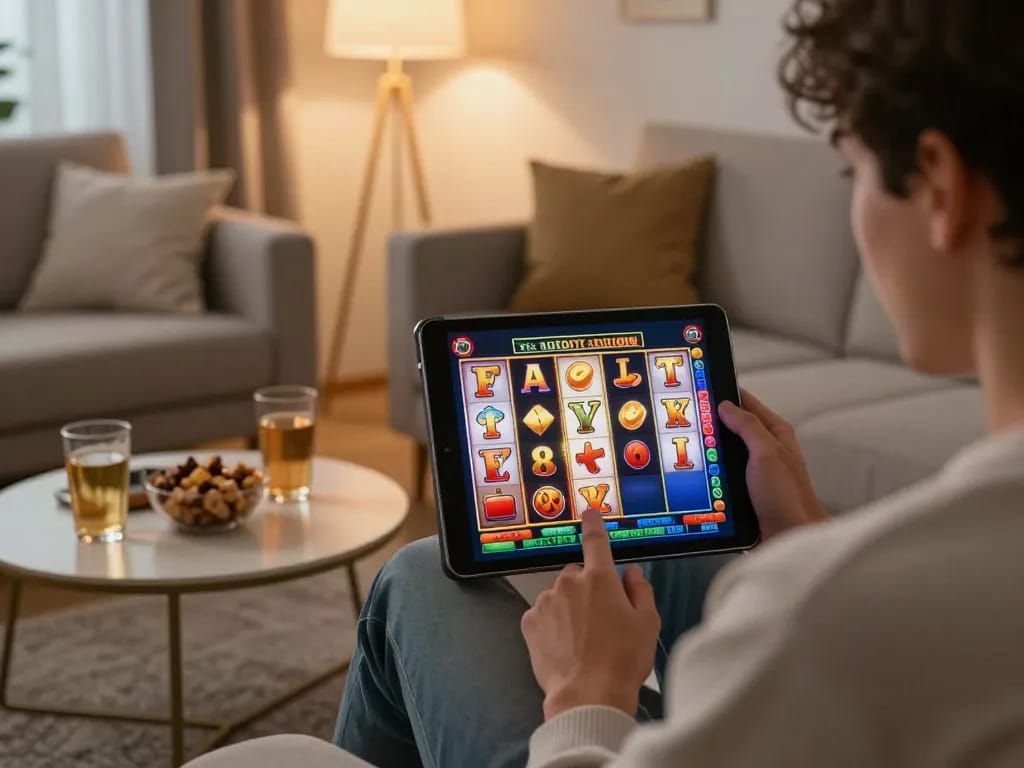 Player enjoying the excitement of winning on IDCASH88 slot game in modern living room.